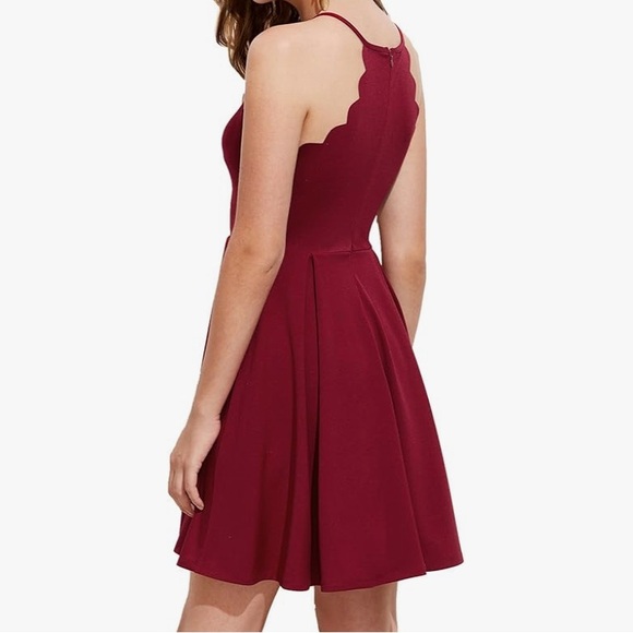 ROMWE Women's Sweet Scallop Sleeveless Flare Swing Pleated A-line Dress Maroon M - Picture 2 of 8